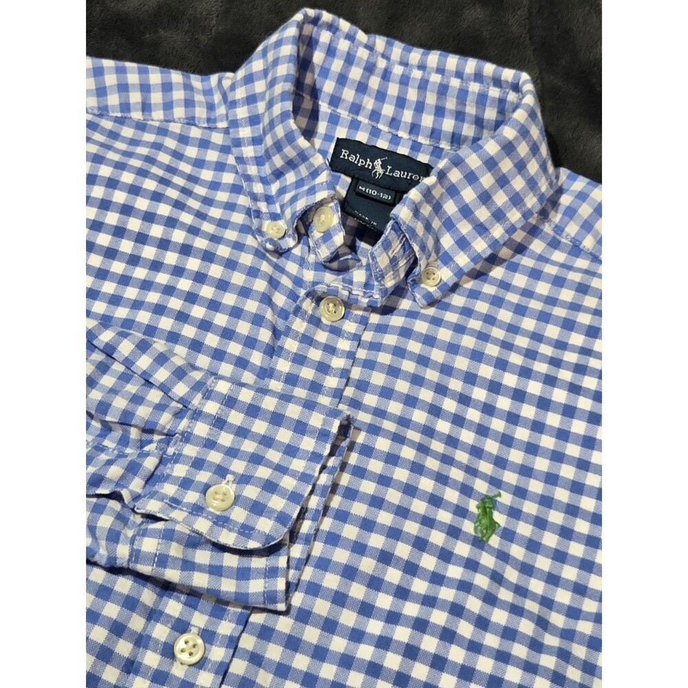 Ralph Lauren Shirt Boys M 10-12 Blue Gingham Check Long Sleeve Button Down Pony